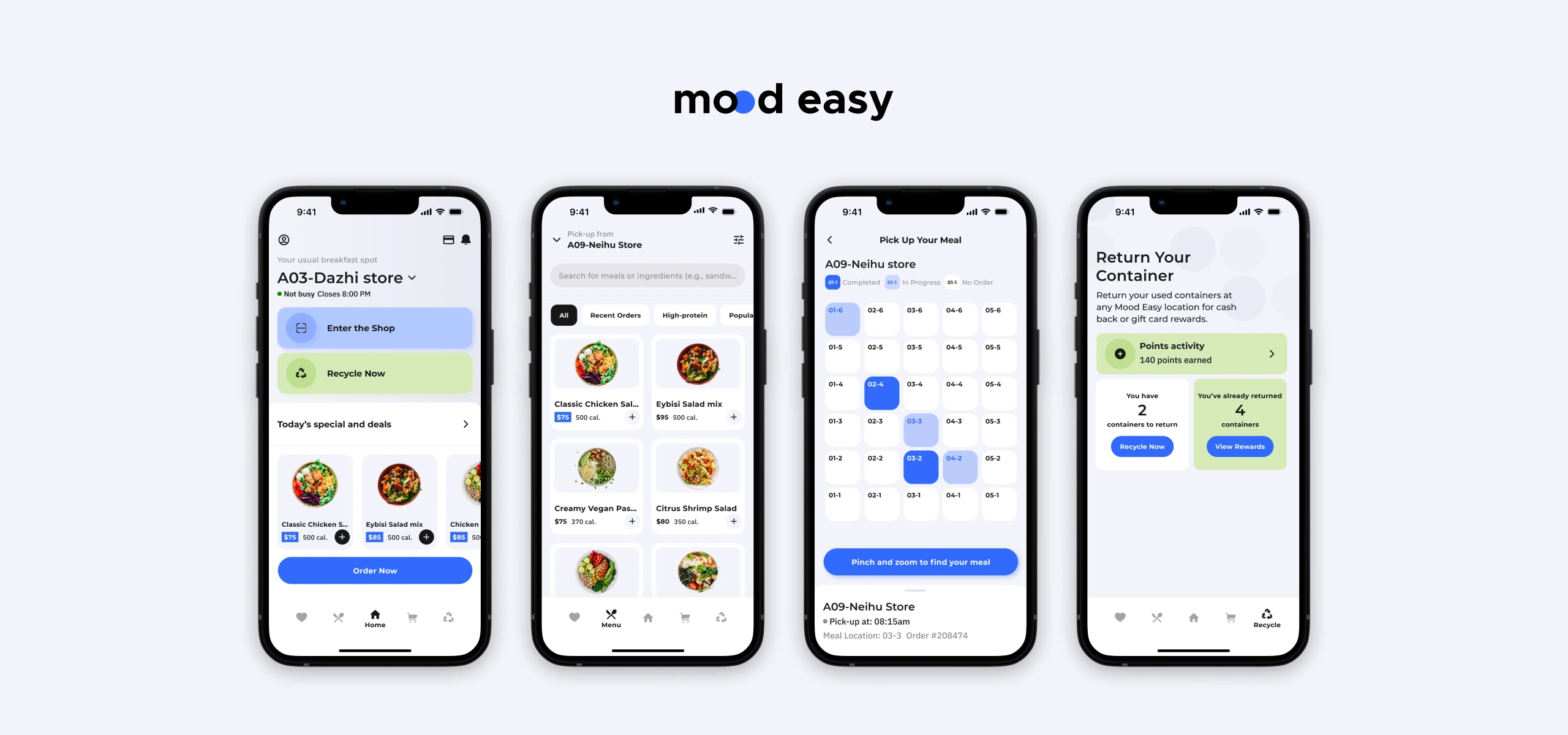 The main screens of the Mood Easy ordering app.