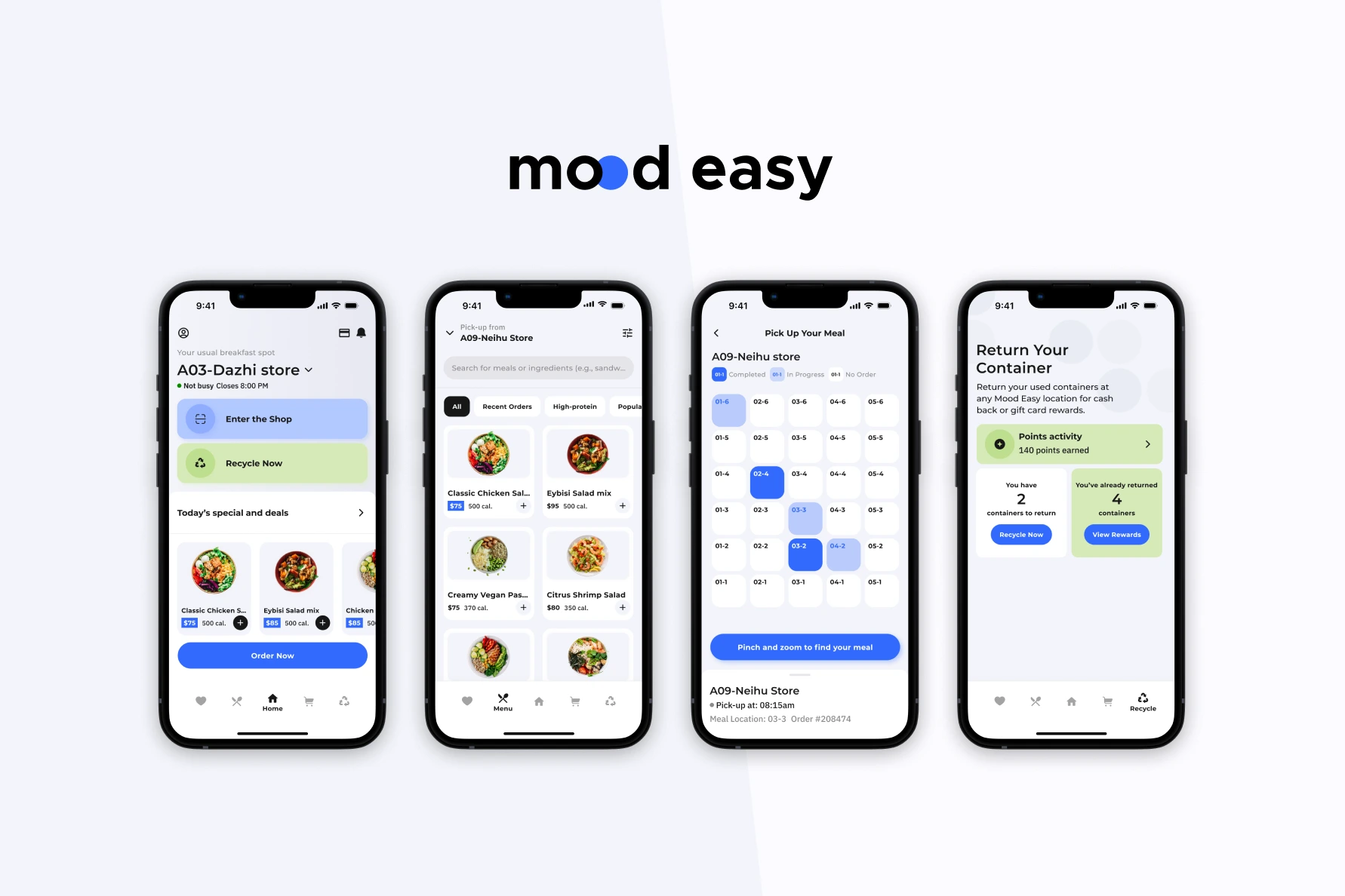 The main screens of the Mood Easy ordering app.