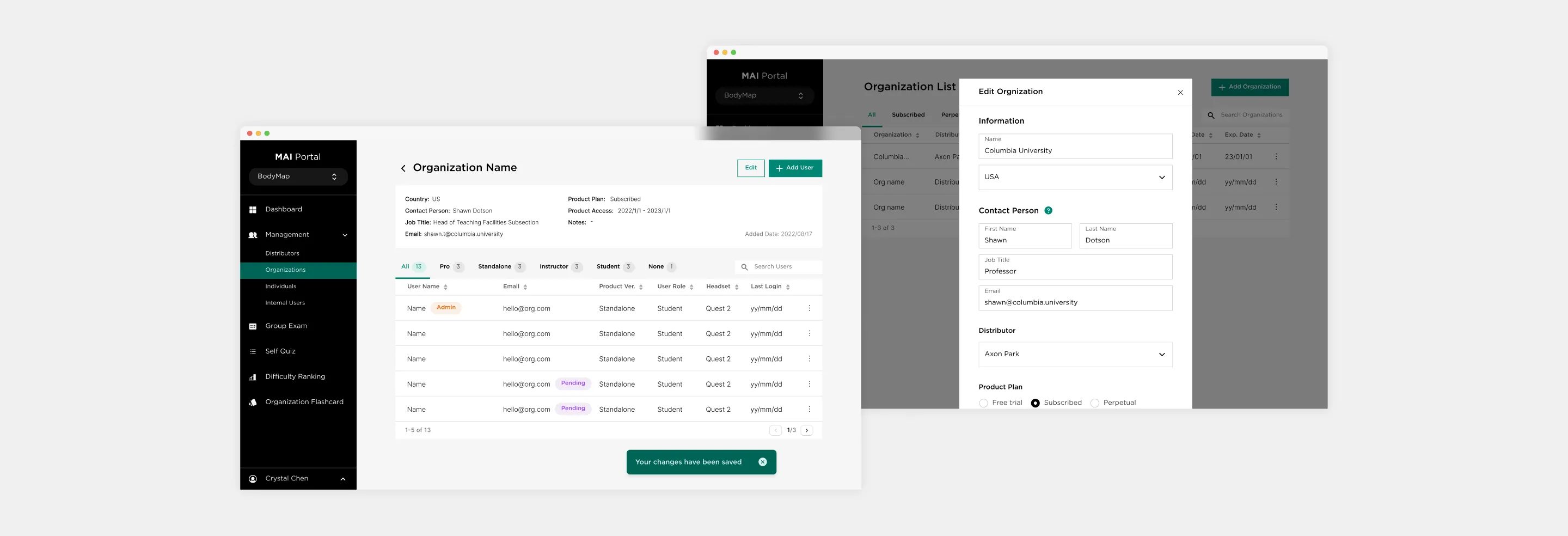 Screenshot of the MAI Portal, depicting the User Management page.