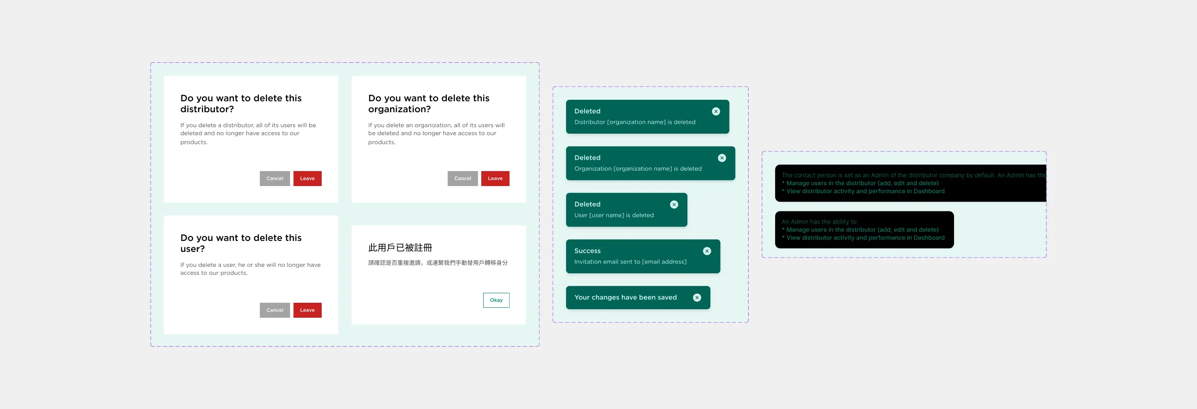 Warning modal, Snackbar & components used in the MAI Portal.